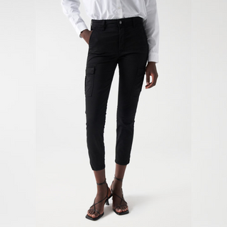 Salsa Faith Cargo Jeans in Black on a model facing front close up