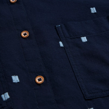 Load image into Gallery viewer, whitestuff organic cotton shirt in navy colour closeup showing design off shirt
