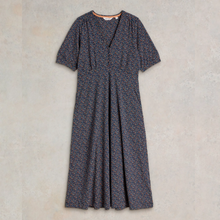 Load image into Gallery viewer, whitetuff jersey dress in navy print colour showing front off dress
