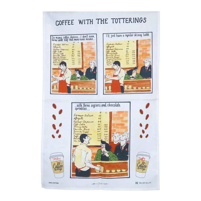 Front image of Tea Towel with some cartoon features 