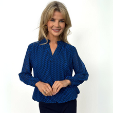 Load image into Gallery viewer, female model smiling at camera wearing kate and pippa top in blue colour
