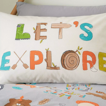 Load image into Gallery viewer, Woodland Adventure Duvet Set close up on a pillowcase that says &#39;Lets Explore&#39;
