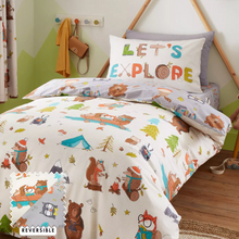 Load image into Gallery viewer, Woodland Adventure Duvet Set featuring friendly woodland animals camping and sitting around a campfire
