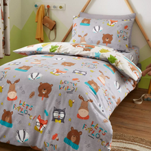 Load image into Gallery viewer, Woodland Adventure Duvet Set reversed side featuring heads of woodland animals smiling and words &#39;Lets Explore&#39; and &#39;Born Wild!&#39;
