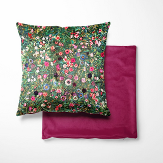 View of front and rear of cushion showcasing the klimt inspired design that the front 