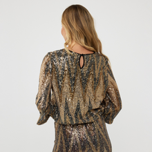 Load image into Gallery viewer, Esqualo Zigzag Print Sequin Blouse | Black/Gold
