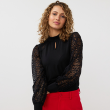 Load image into Gallery viewer, Esqualo Round Neck Blouse With Mesh Lace Sleeves | Black
