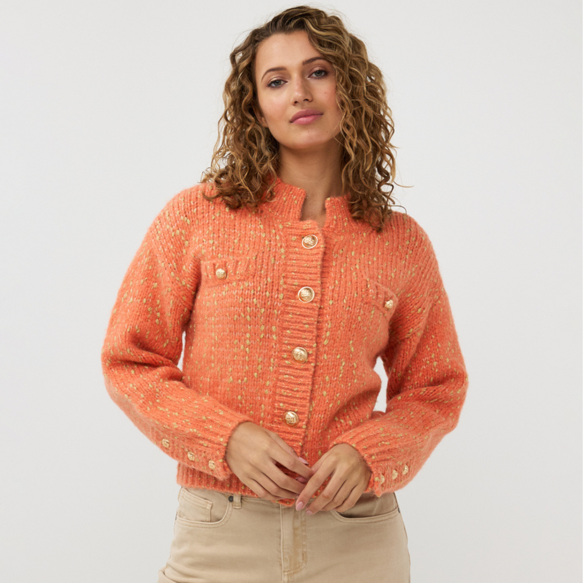 Esqualo Sparkle Cardigan With Gold Lurex Buttons | Orange