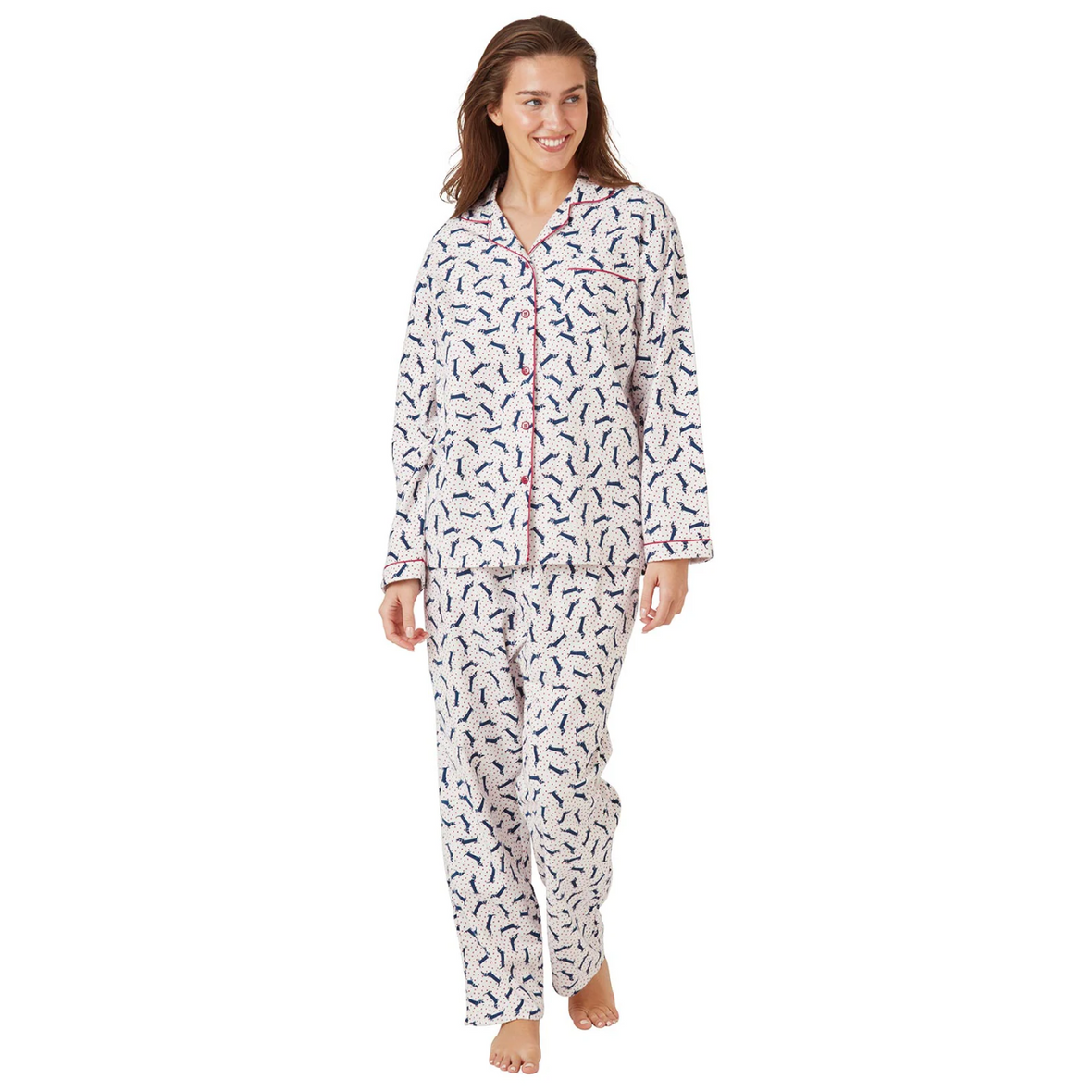 Indigo Sky Brushed Cotton Dachshund Print Pyjama Set | Ivory