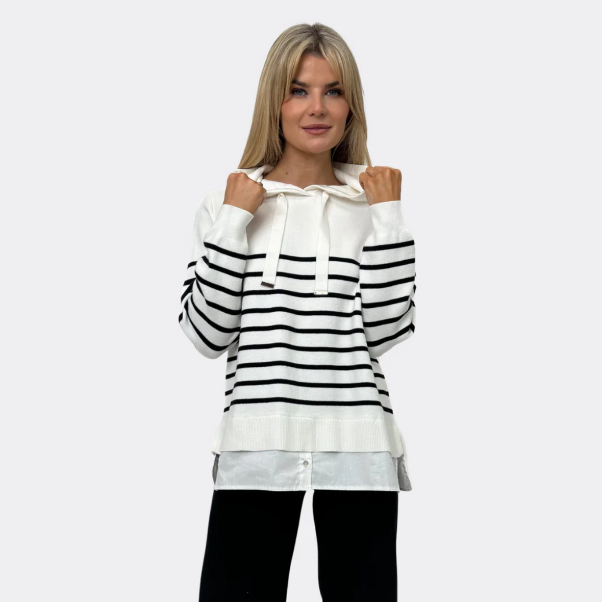 Kate & Pippa Sam Stripe Knit Jumper With Undershirt Detail | White