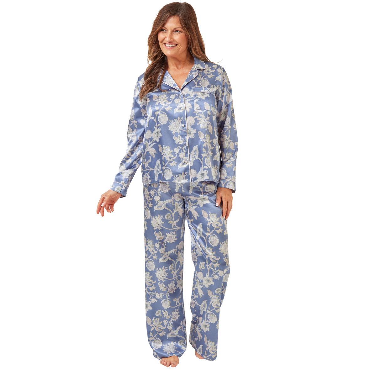 Marsylka Bird Print Satin Pyjamas | Blue