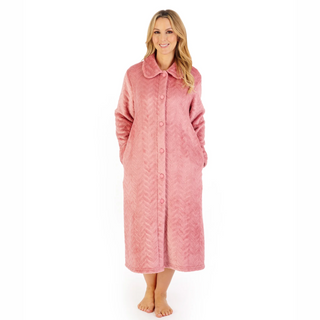 Slenderella Embossed Pattern Fleece 46" Button Through Housecoat | Pink