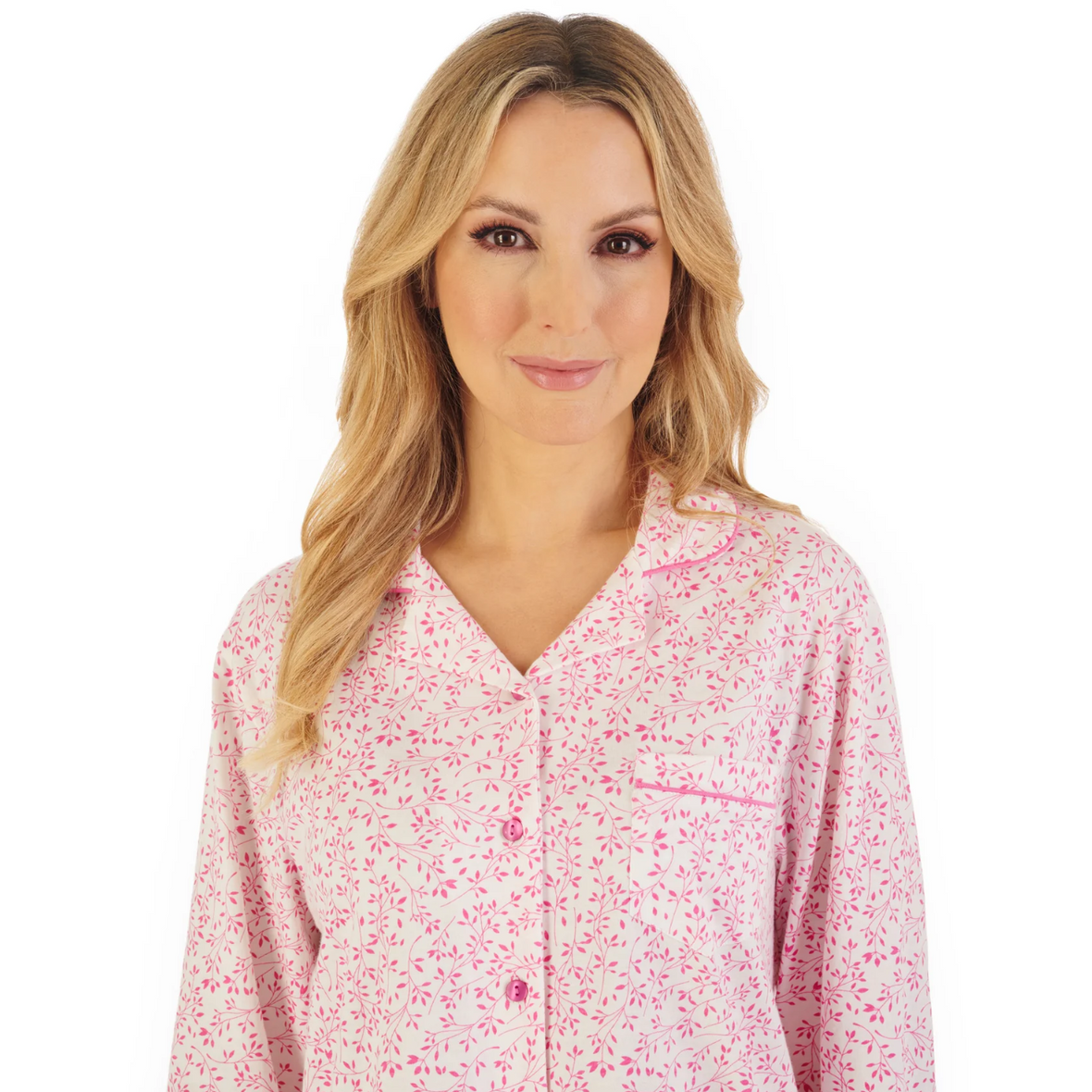 Slenderella Leaf Print Tailored Jersey Pyjama | Pink