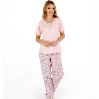 Slenderella Tropical Flower Print Jersey Top With Woven Trouser Pyjama | Pink
